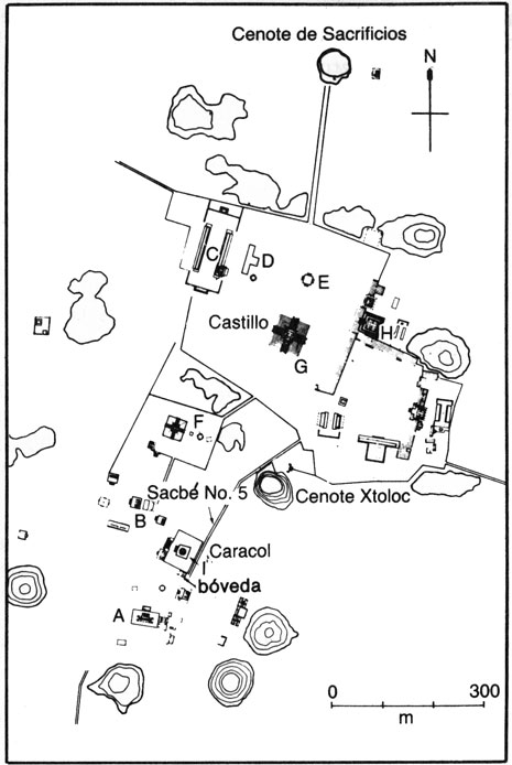 Plano de Chichén Itzá con la orientación de los edificios principales